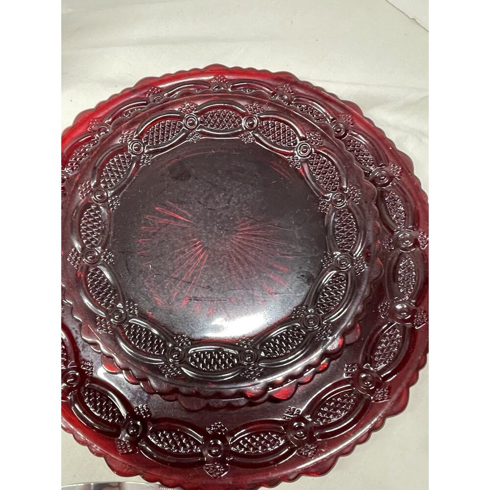 Avon Dark Red Embossed Glassware Set Plates Cups Candle Holder Pie Server - Picture 5 of 8